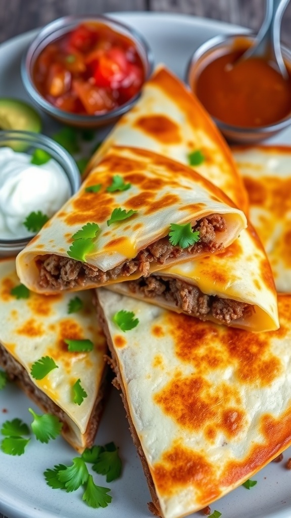 Ground beef quesadilla cut into wedges, served with sour cream, salsa, and guacamole.